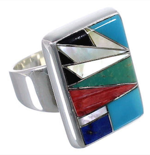 High Quality Multicolor Inlay And Silver Ring Size 8-1/4 WX37628